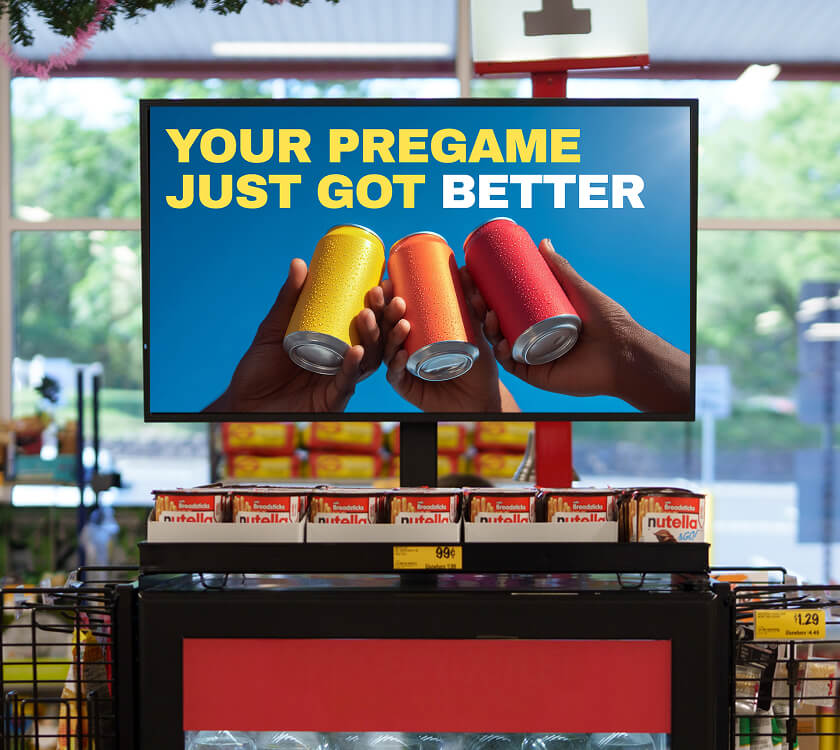 Image of a digital screen showcasing an alcohol brand at the grocery store front end