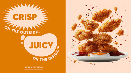 Image of a digital screen showcasing a chicken brand at the grocery store front end