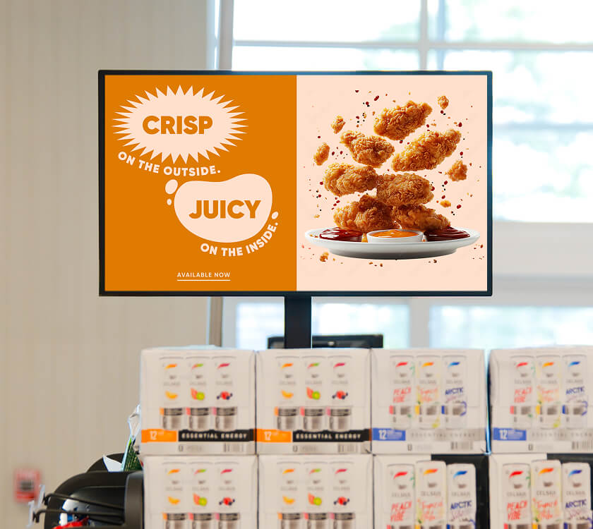 Image of a digital screen showcasing an chicken brand at the grocery store front end