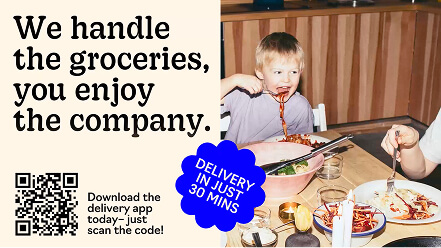 Image of a digital screen showcasing a Food Delivery Platform at the grocery store front end