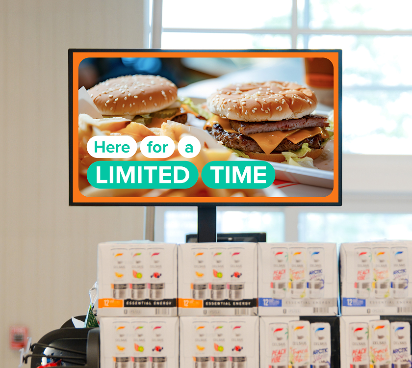 Image of a digital screen showcasing an drive-thru brand at the grocery store front end