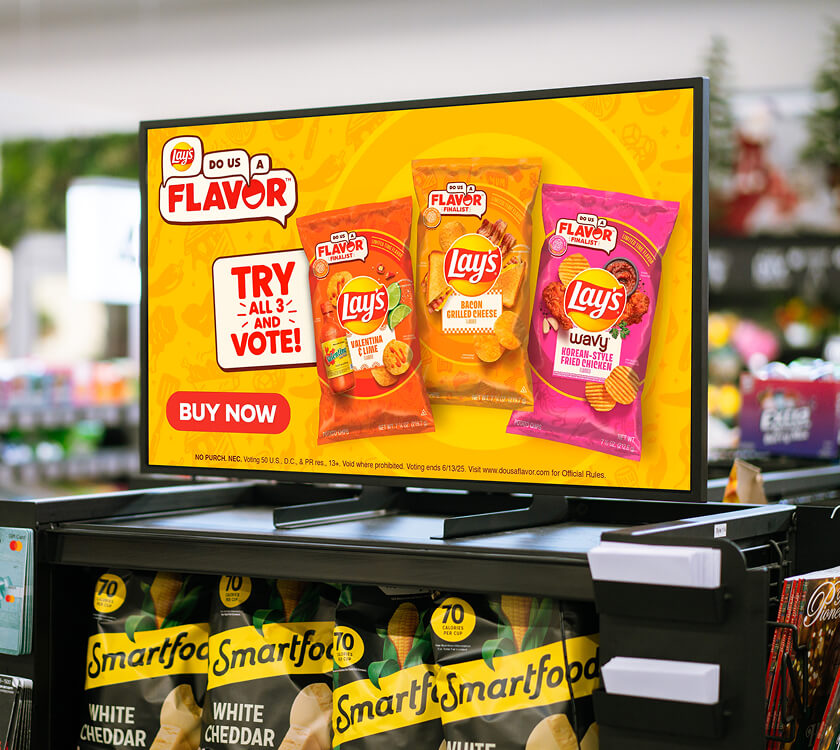 Image of a digital screen showcasing Frito-Lay at the grocery store front end