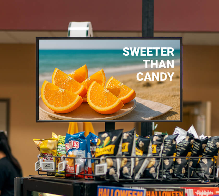 Image of a digital screen showcasing a produce brand at the grocery store front end