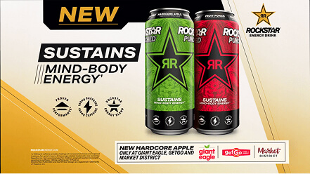 Image of a digital screen showcasing the Rockstar brand at the grocery store front end