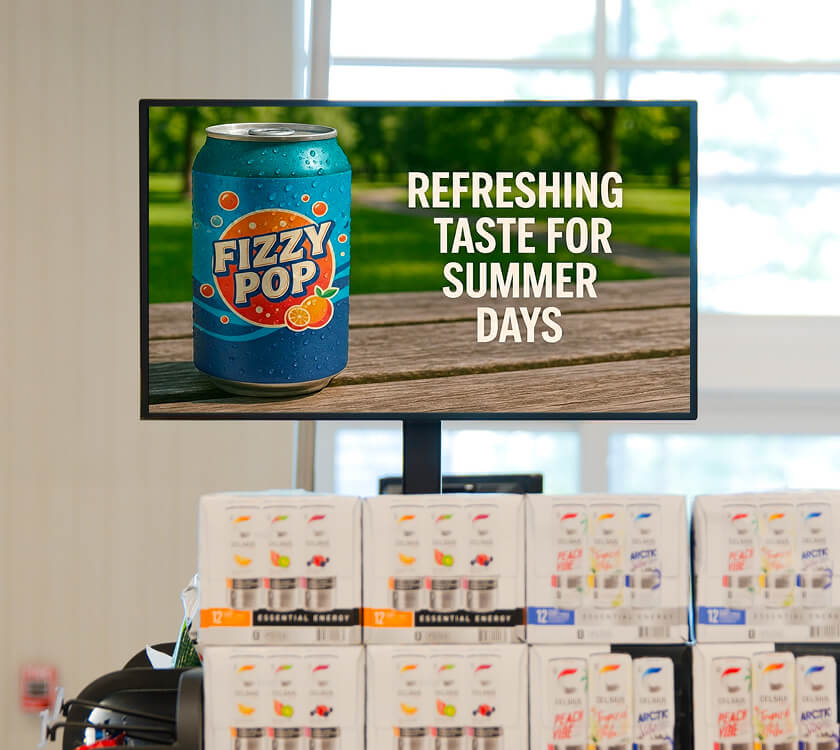 Image of a digital screen showcasing a soda brand at the grocery store front end
