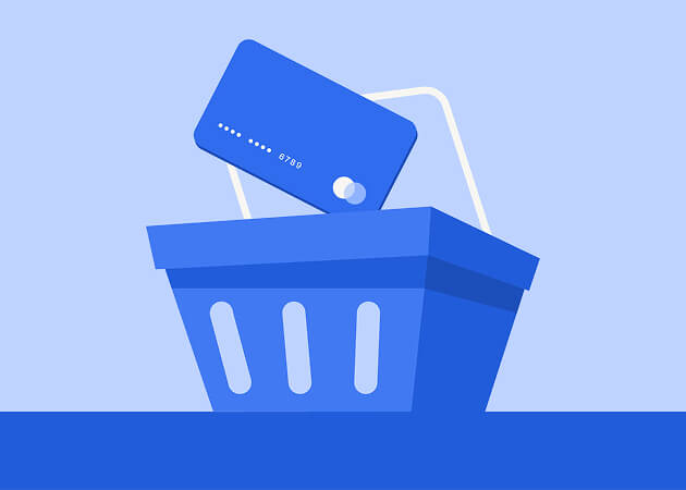 Illustration of a shopping basket with a credit card hovering to portrait behavioral targeting